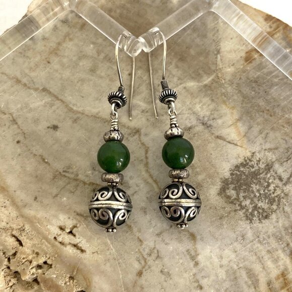 Sterling Silver 925 Round Beaded Nephrite Oxidized Scrollwork Dangle Earrings - Picture 3 of 16